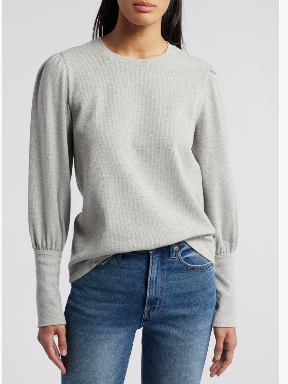 Nordstrom Caslon Crewneck Puff Sleeve Light Grey Rib Top